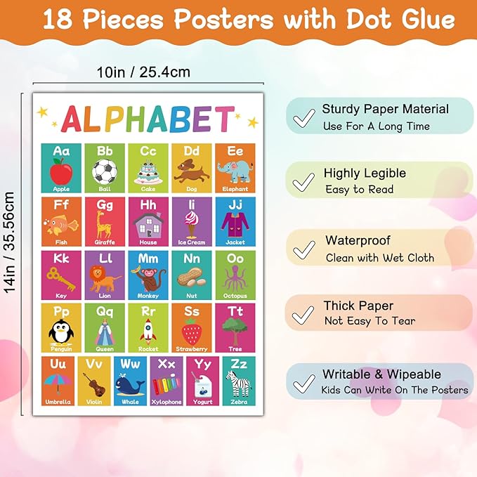 18 Educational Posters for Toddlers 1-3, Learning Posters for Kids Ages 3-5, ABC Poster Alphabet Poster for Preschoolers, Kindergarten Preschool Posters for Wall, Homeschool PreK Classroom Must Haves