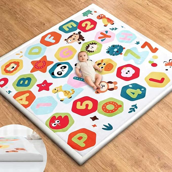 Baby Play Mat for Floor, 71'' x 59'' Thicken Foam Soft Padded Mat for Tummy Time, Playpen Mat for Toddlers, Water-Repellent Coral Velvet, Non-Slip Bottom Safe for Crawling (Animal)