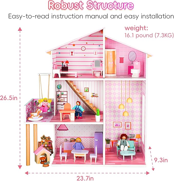 Wooden Dolls House for Toddlers Aged 3–5: Complete Set with Furniture, 4 Family Member Dolls, and a Pet Dog – Villa-Style Design for Indoor Play. Ideal Dollhouses for Children Aged 3 to 8