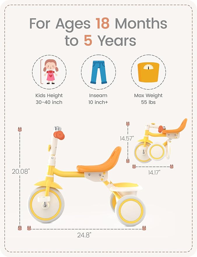 besrey Toddler Tricycle with Bell, Kids Tricycle Age 18 Months to 5 Years, Kids Trike, Toddler Bike for 1.5-5 Year Olds, Baby Trike, Gifts & Toys for Boys & Girls, Yellow
