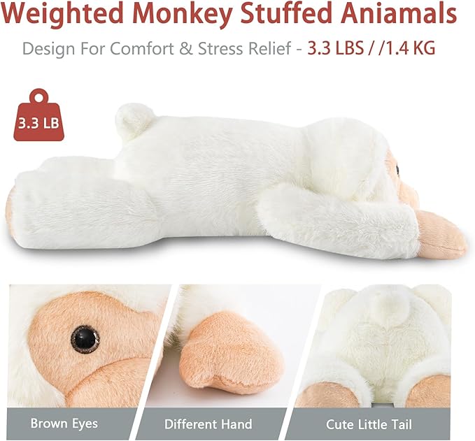 Niuniu Daddy 20" | 3.3 Pound Monkey Weighted Stuffed Animals, Large White Monkey Pillowfort Plush Lap Animal Toys for Kids Adults, Giant Plushy Body Pillow for Gifts Birthday Christmas Holiday