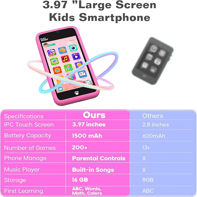 MOMILLA Toys Kids Smart Phone for Girls, 3.97” Cell Phone with Dual Cameras, Stickers & Frames, 200+ Games, 16GB Storage, Educational Mini Toddler Play Toy, Christmas Birthday Gift for Kids Age 3-10