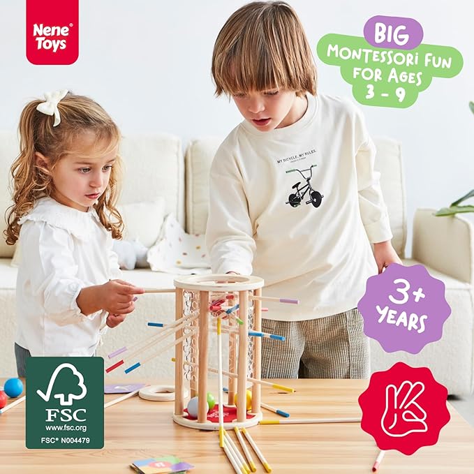Nene Toys BALLFALL Jumbo – Montessori Wooden Board Game for Kids 3 4 5 6 Years – Colorful Sticks, Dice & Cards – Fine Motor Skills Toy, Math & Counting Game – Educational Gift for Boys Girls Ages 3-9