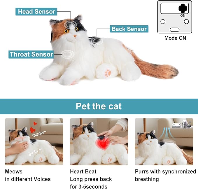 Chongker Interactive Companion Robot Cat, Weighted Breathing Stuffed Animals, Cat Plush Toy with Meow Voice, Breathing, Response, Realistic Heartbeat and Purring (Dark Calico Cat)