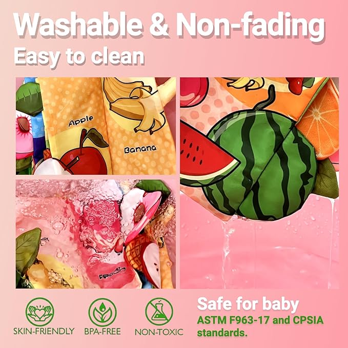 Baby Books 0-6 to 12 Months, Infant Soft Cloth Tummy Time Toys for Babies 0-3-4-5-7-8-9, Christmas Newborn Girl Boy Gifts Crinkle Touch Feel Sensory Fruit Book for Car Seat Stocking Stuffers