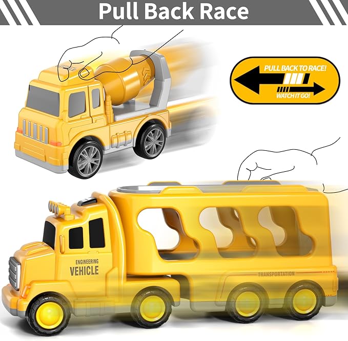 Bennol Construction Truck Toys for Toddler Boy 1 2 3 4 5 Year Old, Car Trucks Birthday Gifts Toys for Kids Ages 1-3 3-5, 5-in-1 Construction Trcuk with Excavator, Crane Mixer, Bulldozer