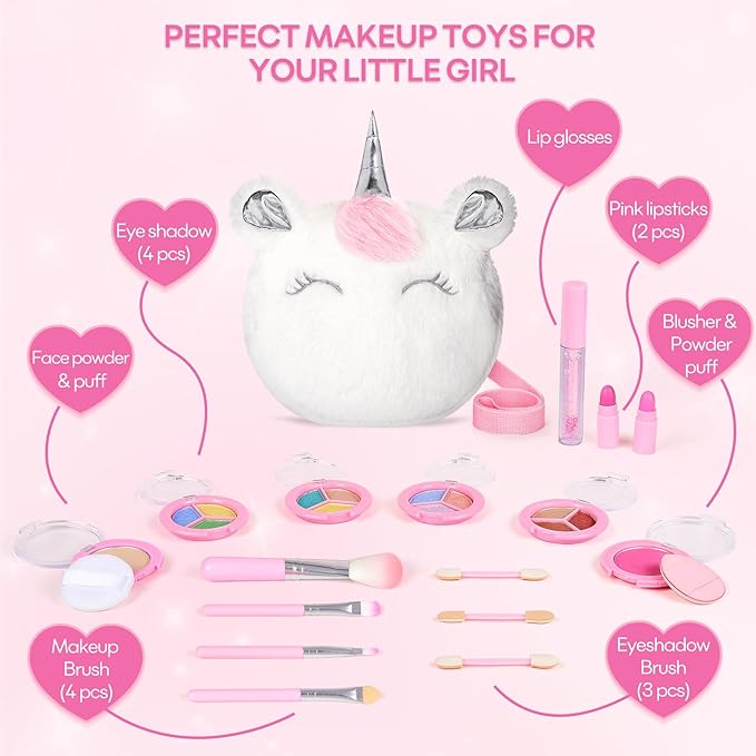 Kids Real Makeup Kit for Girls 3-10 Years Old : Washable Non Toxic Make Up Toys Sets for Toddler - 17Pcs Vanity Set with Unicorn Purse for Little Girl Ages 3 4 5 6 7 8 Birthday Gifts -White