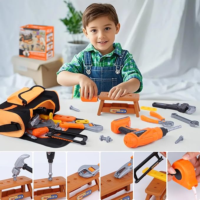 Kids Tool Set,MAGIC4U 52PCS Toddler Tool Set with Electric Drill Toy & Kids Tape Measure, Pretend Play Construction Toys Costume with Tool Belt for Boy Girls Age 3-8