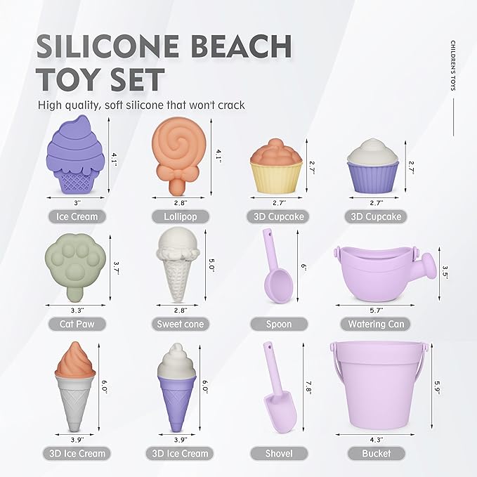 MarcZero 17Pcs Silicone Beach Toys,Modern Baby Beach Toys,Travel Friendly Beach Set,Silicone Bucket, Watering Can, Shovel, 12 Sand Molds, Beach Bag,Silicone Sand Toys for Toddlers, Kids (Purple)