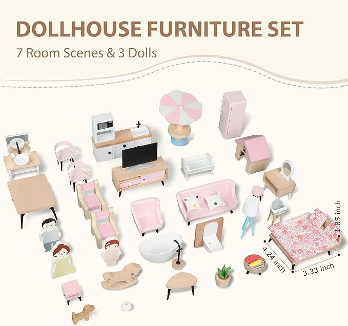 Wooden Dollhouse Furniture Set, Dollhouse Accessories and Furniture, with 7 Rooms 3 Dolls, Includes Patio Set & Dog Set, Doll House Furniture Toys Gift for Kids Boys Girls