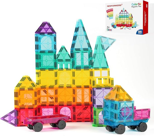 Magnetic Tiles, 96PCS Magnetic Block Toddler Toys with 2 Cars, 3D Clear Magnet Building Tiles Set, STEM Educational Toys for Kids 3-9 Years