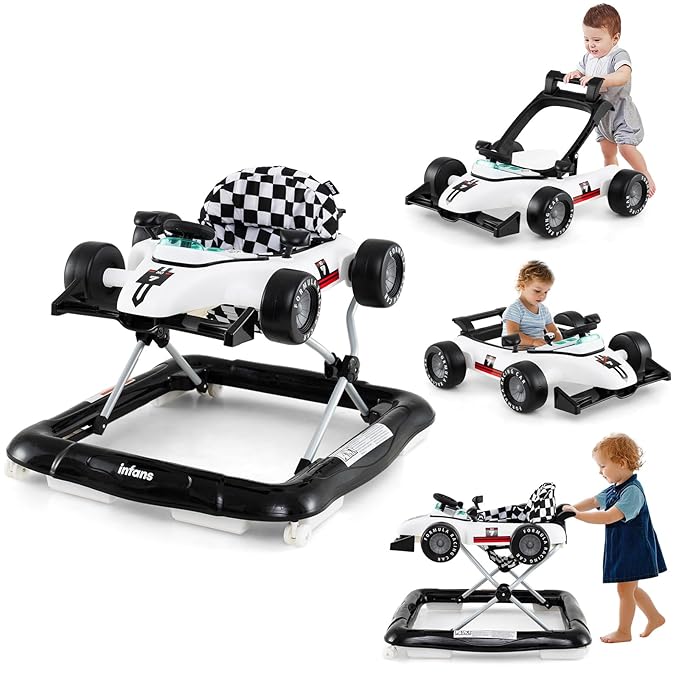 INFANS 4 in 1 Baby Walker, Foldable Toddler Activity Center with Adjustable Height, Padded Seat, Music, Light, Removable Tray, Push Walker for Girls Boys Aged 6-18 Months (Ivory)