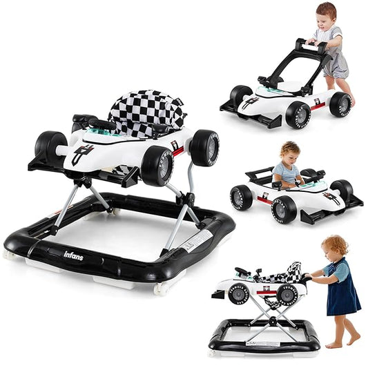 INFANS 4 in 1 Baby Walker, Foldable Toddler Activity Center with Adjustable Height, Padded Seat, Music, Light, Removable Tray, Push Walker for Girls Boys Aged 6-18 Months (Ivory)