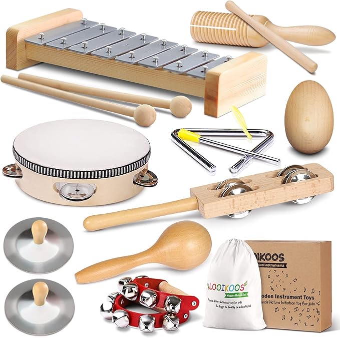 LOOIKOOS Toddler Musical Instruments International Natural Wooden Music Set for Toddlers and Kids - Eco Friendly Preschool Educational Musical Toys with Storage Bag