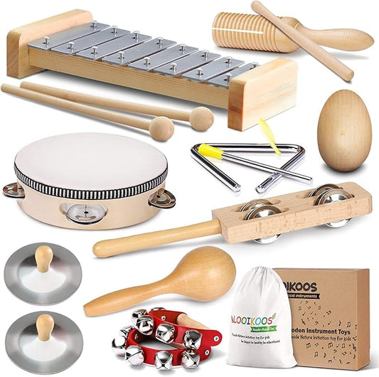 LOOIKOOS Toddler Musical Instruments International Natural Wooden Music Set for Toddlers and Kids - Eco Friendly Preschool Educational Musical Toys with Storage Bag