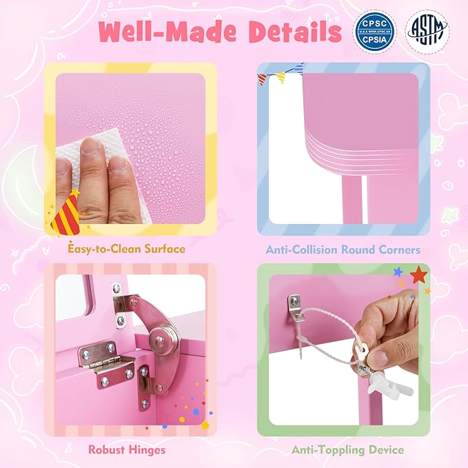 HONEY JOY Kids Vanity, Wooden Girls Vanity Desk with Flip Top Mirror, Hidden Storage Space, Toddler Makeup Vanity Dressing Table, Pretend Play Kids Vanity Table and Chair Set (Pink)