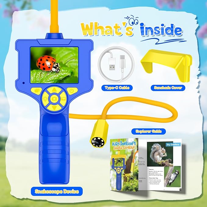 Borescope Snake Camera with Light for Kids Age 3-10, Educational Nature Science Toys Gifts for 3 4 5 6 7 8 9 10 Year Old Boys Girls with Photo & Video Recorder 8G SD Card, Hiking Camping Toys for Boy