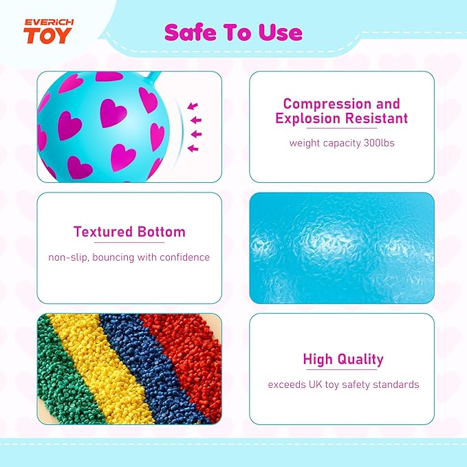 EVERICH TOY Hopper Ball for Kids 3-6, 15In Hippity Hop Ball, Sit On Blue Bouncy Balls with Handle, Indoor Outdoor Pink Heart Inflatable Christmas Hopping Toys for Girls Boys