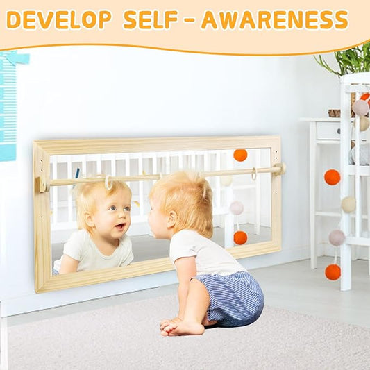 Montessori Mirror with Bar, Adjustable Wood Baby Pull Up Bar, Floor & Wall Shatterproof Safety Infant Coordination Montessori Furniture, for Home, Daycare, or Preschool