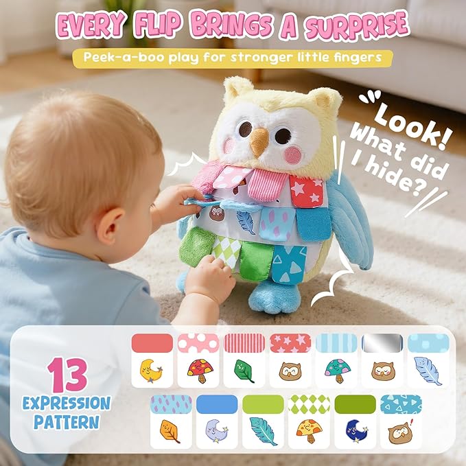 JoyCat Baby Tummy Time Toys 0-12 Months, Sensory Owl Stuffed Animal, Soft Montessori Infant Toy with Textured Crinkle Mirror, 13 Inch Carseat Toy for Newborn Boy Girl Shower Christmas Gift