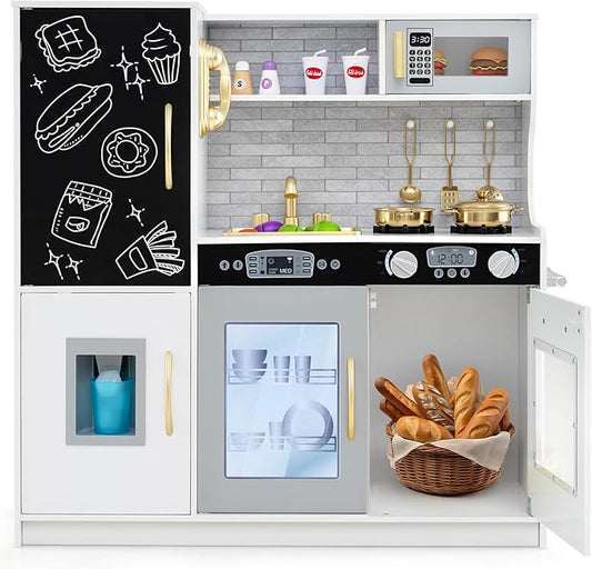 Costzon Kids Kitchen Playset, Wooden Pretend Cooking Toy Set w/Real Sound, Large Blackboard, Telephone, Microwave, Ice Maker, Dishwasher, Oven, Storage Space, Play Kitchen for Kids Ages 3+ (White)