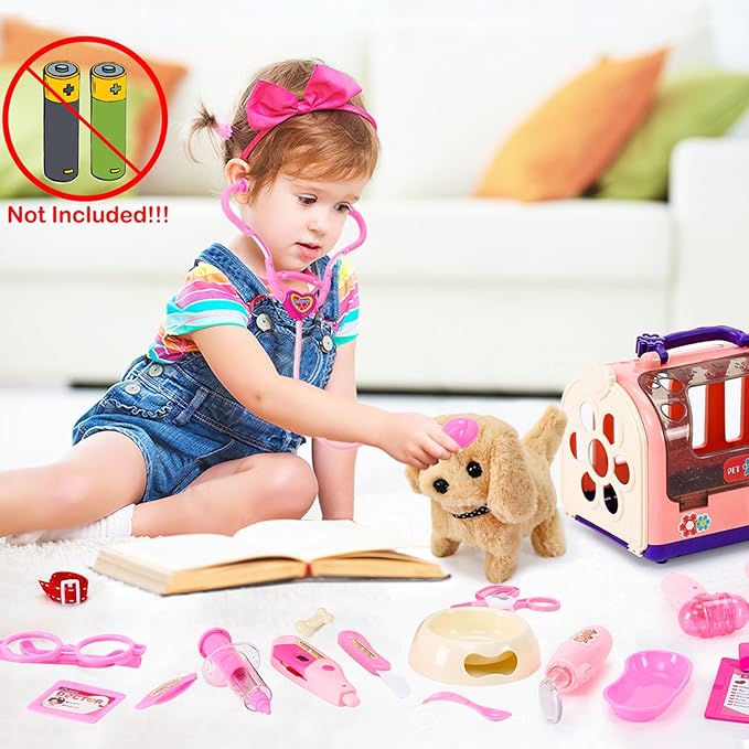 24 Pcs Dog Toys Doctor Kit for Kids, Walking and Barking Electronic Interactive stuffed Puppy Toy with Pretend Playset for Toddlers, Pet Care Veterinarian Toy Set, Girl Role Play Gift for 3-6 Year Old