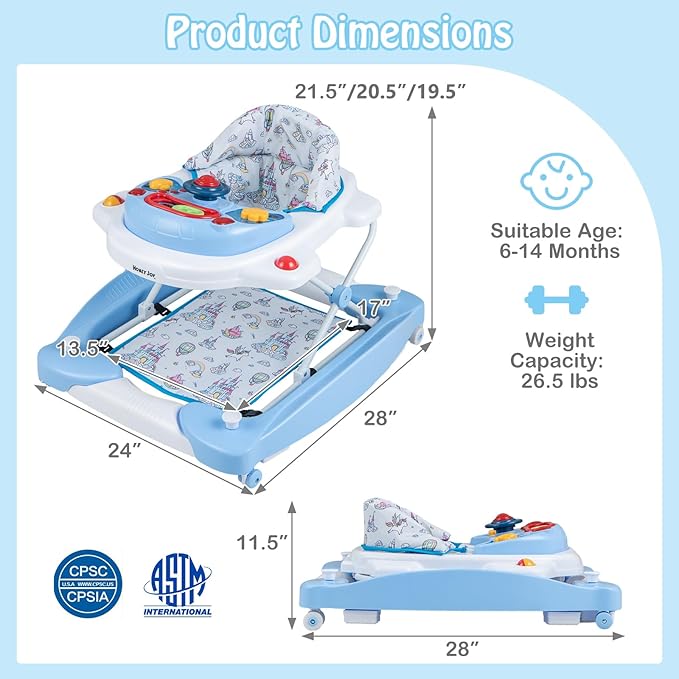 HONEY JOY Baby Walker, 6-in-1 Foldable Baby Walker and Bouncer Combo, Infant Activity Walker with Wheels, Adjustable Heights, Rocker, Music, Lights, Walker for Baby Boy Girl 7-14 Months (Blue)