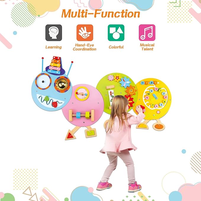 Dollox Caterpillar Activity Wooden Wall Panels, Toddler Sensory Wall Panels Toy Busy Board Interactive Educational Toys, Montessori Wall Decor Preschool Toy for Daycares Activity Center Livingroom