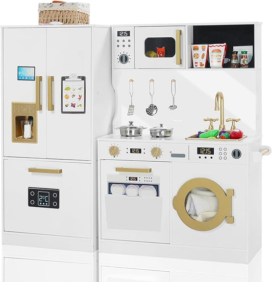 Play Kitchen Sets for Kids, Pretend Wooden Kids Kitchen Playset, Interactive Toy Kitchen with Freezer, Washing Machine, Ice Maker & Large Storage Space, for Boys Girls Ages 3+, White