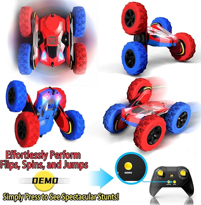 Threeking RC Stunt Car Remote Control Cars with Lights Double-Sided Driving Indoor Outdoor Toys Gifts Presents for 6 7 8 9 10 11 12 Year Old Kids Boys Girls