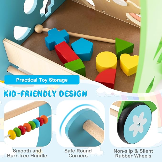 HONEY JOY Baby Push Walker, Wooden Infant Walker Activity Center with Shape Sorter, Develop Motor Skills & Creativity, Push Toys for Babies Learning to Walk, Gift for Boys and Girls, Colorful