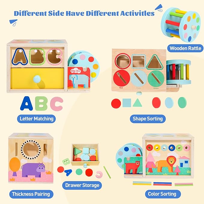 Toddlers Wooden Activity Cube Toys, 5-in-1 Montessori Toys for 3 Year Old Boys Girls, Shape Color Sorting Sensory Toy, Drawer Box Toy, Multipurpose Educational Learning for Baby