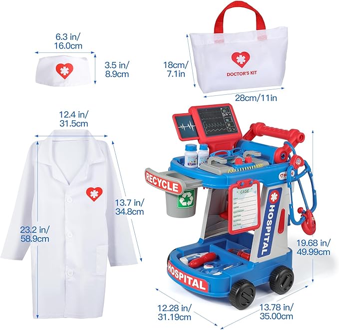 Doctor Kit for Toddlers 3 4 5, Kids Doctor Cart Play Set with Costume, Stethoscope and Medical Bag, Doctor Toy for Girls Boys Christmas Birthday Gift