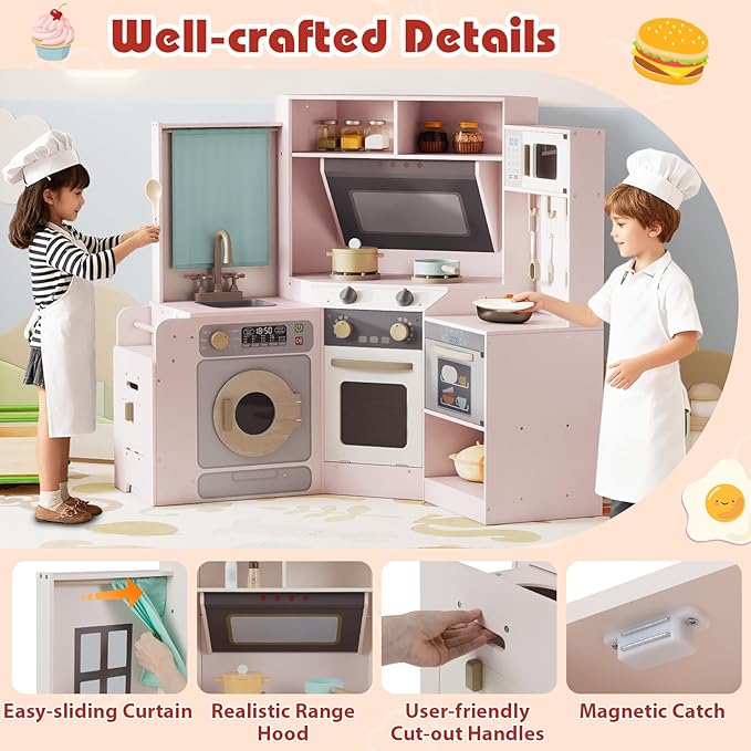 Costzon Corner Play Kitchen, Large Pretend Play Kitchen w/Real Light & Sound, Pull-Out Trash Can, Stoves, Microwave, Oven, Washer, Little Chef Wooden Kitchen Playset for Kids 3+ Years Old (Pink)