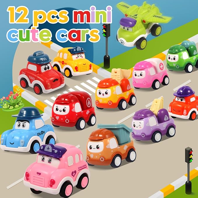 12 Pcs Pull Back Cars Set Toys for 1 2 3 Year Toddlers, Baby Car Toys for 12-18 Months, Construction Vehicle Racing Car Set, Baby Toys for 1 2 Year Old Boy, 1st Birthday Gift for 1 2 3 Year Old Boys