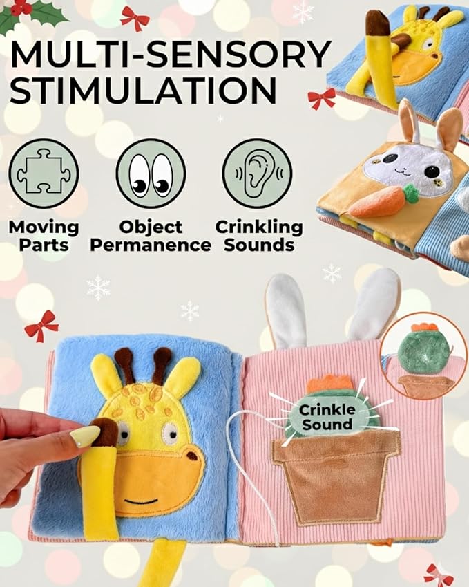 Cute Soft Baby Book with Mirror, Activities, Touch and Feel & Crinkle Pages - Interactive Sensory Cloth Toy for Babies 0-6, 6-12 & 12-18 Months - Adorable Animal Themes for Early Development