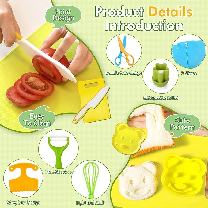 Chanking 17 Pieces Kids Knife Set for Real Cooking Child-Friendly Plastic Chef Tools, Montessori Kitchen Toys, Gifts for Boys and Girls Ages 4+