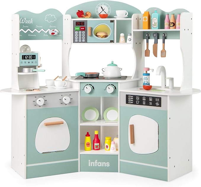 INFANS Corner Kids Kitchen Playset, Toddler Wooden Pretend Cooking Set with Lights Sounds Coffee Machine Washing Machine, Stove Removable Sink Storage Cabinet, Simulation Play Kitchen Toy (Blue)