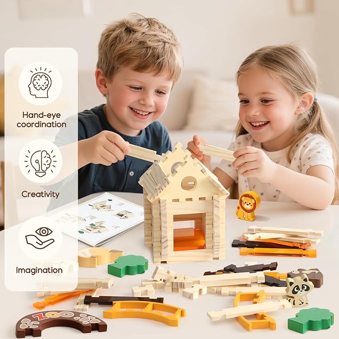 Toyssa Wooden Building Blocks for Kids Ages 4-8, 167 PCS Stacking Blocks STEM Building Toys with Animals & DIY House, Christmas Birthday Gifts for Girls Boys 4 5 6 7 8 Years Old