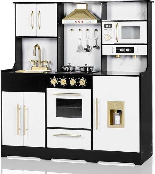 Kids Kitchen Playset, Wooden Play Kitchen with Toy Storage System, Pretend Play Kitchen Set Toy with Range Hood, Ice Maker & Coffee Maker, for Kids Ages 3+, Black