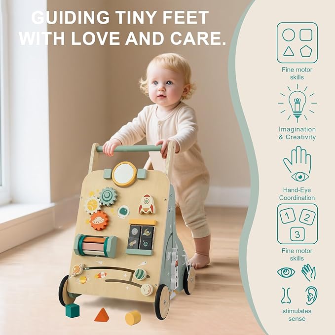 Adjustable Wooden Baby Walker – Montessori Push Toy for 1 Year Old with Rocket-Themed Activity Center, Sit-to-Stand Walker Gift for Boys and Girls