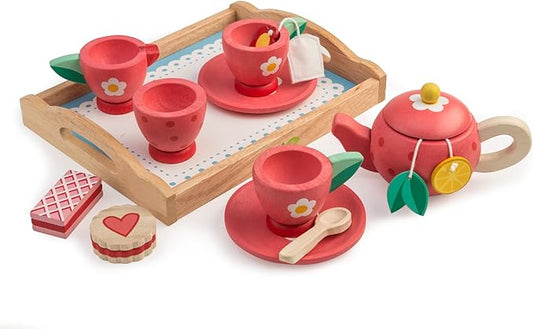 Tender Leaf Toys - Tea Tray Set - Wooden Pretend Food Play Toy with Tea Bags, Snacks, Teapot and Treats for Afternoon Tea Party - Develops Problem Solving Skills and Imaginative Play - Age 3+