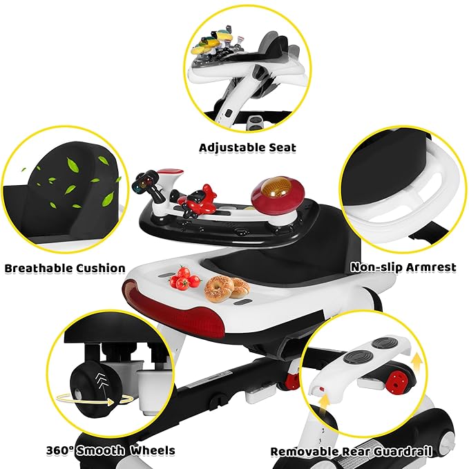 6 in 1 Baby Walker, Baby Activity Center for Toddler, Walker Rocker Bouncer w/Adjustable Height Speed, Learning-Seated & Walk-Behind, Infant Walker w/Feeding Tray & Music Toys, Black