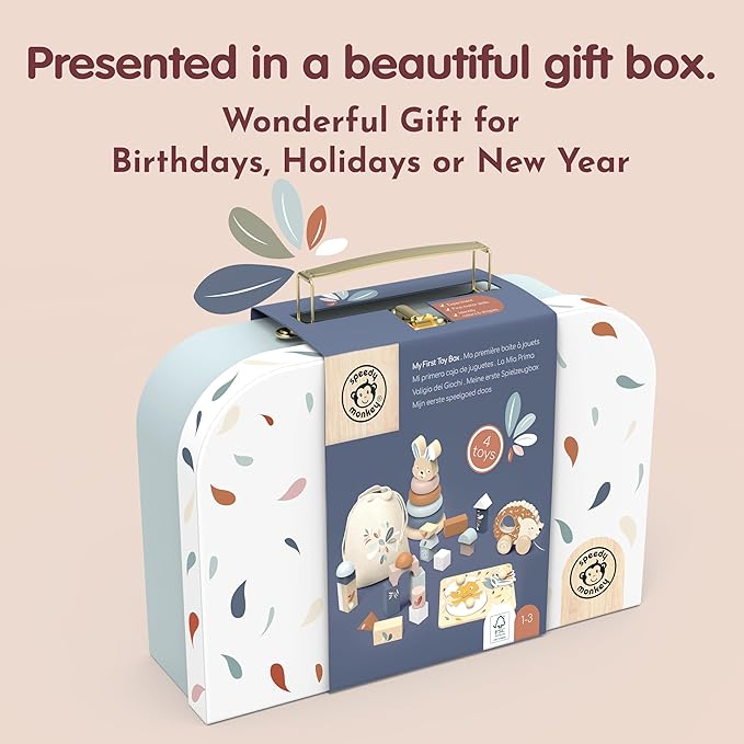 SPEEDY MONKEY My First Toy Box – Multicolor Wooden Nursery Toy Set for Kid, FSC Certified Play Box for Toddler, Includes Building Blocks, Stacking Rabbit, Chick Puzzle & Pull-Along Hedgehog