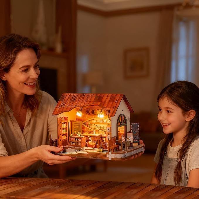 Book Nook Kit - DIY Miniature House Kit for Adults, Dollhouse Booknook Tiny House Bookshelf Decor 3D Wooden Puzzle Street Model, Ideal Gift for Book Lovers, Family, Friends (Floating Bookstore)