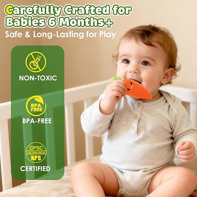 FREYBLI Baby Toys 6-12 Months - Soft Vegetable Garden Plant Plush Toy - 6 Month Old Developmental Toys Gifts, Montessori Sensory Toy for Baby with Rattles, Mirror, Squeaker, Textures, Crinkle Tissues
