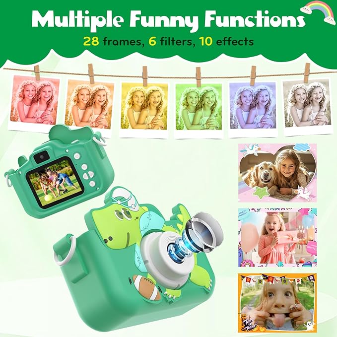 Kids Camera Toys for Kids, Digital Camera for Kids Age 3-8 Toddler Travel Dinosaur Toys, Christmas Birthday Gift for Boys Girls 3 4 5 6 7 8 Year Old, HD 1080P Video Camera, 32G SD Card(Green)