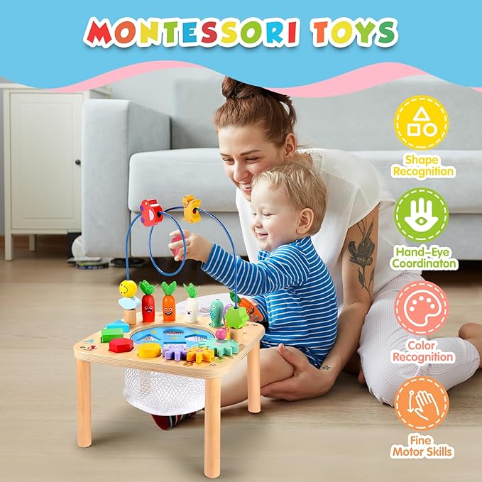 wingyz Activity Table, 6 in 1 Wooden Montessori Activity Center with Bead Maze Shape Sorter Fishing Game, Kids Sensory Play Table Toddler Toys 1st Birthday Gifts Boy Girl