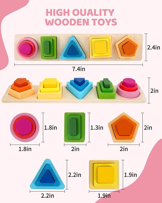 Montessori Toys for 1 2 3 Year Old, Wooden Stacking & Sorting Toy with Geometric Shapes, Educational Learning Toys and Birthday Gifts for Toddlers Boys Girls 1-3