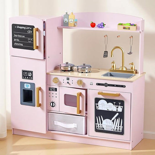 Play Kitchen Set for Kids, Wooden Kids Kitchen Playset with Real Lights & Sounds, Interactive Toy Kitchen with Felt Boxes for Storing Kitchen Utensils and Ice Maker Toy Accessories (Pale Pink)